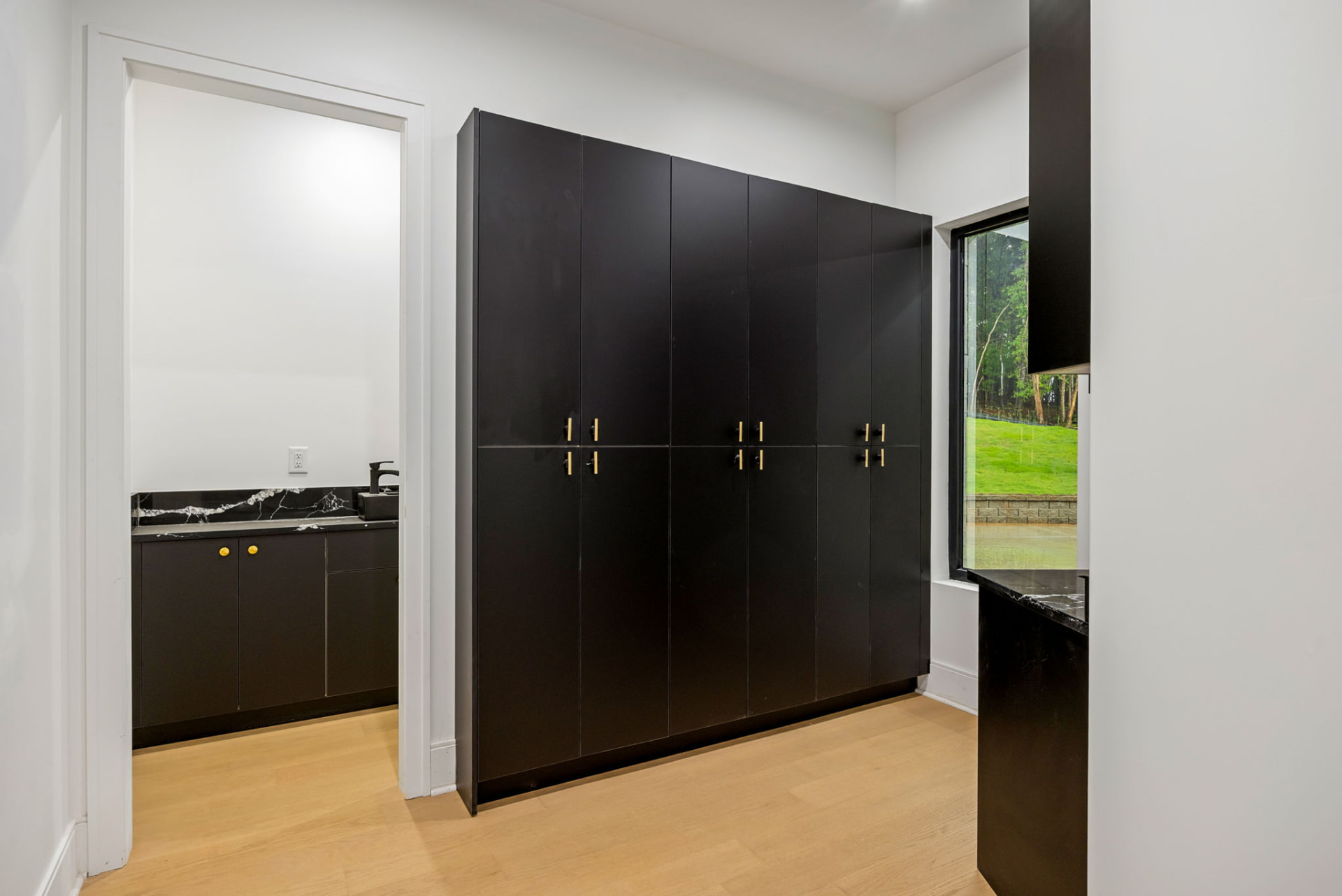 Scullery and pantry with floor-to-ceiling black cabinetry and brass pulls