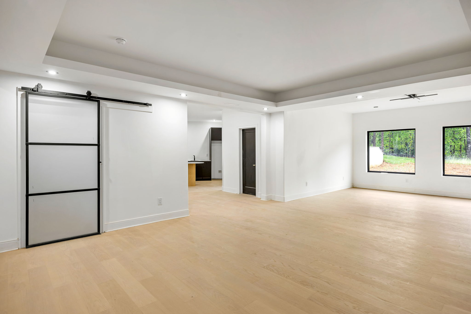 Lower-level recreation room with barn door and wet bar